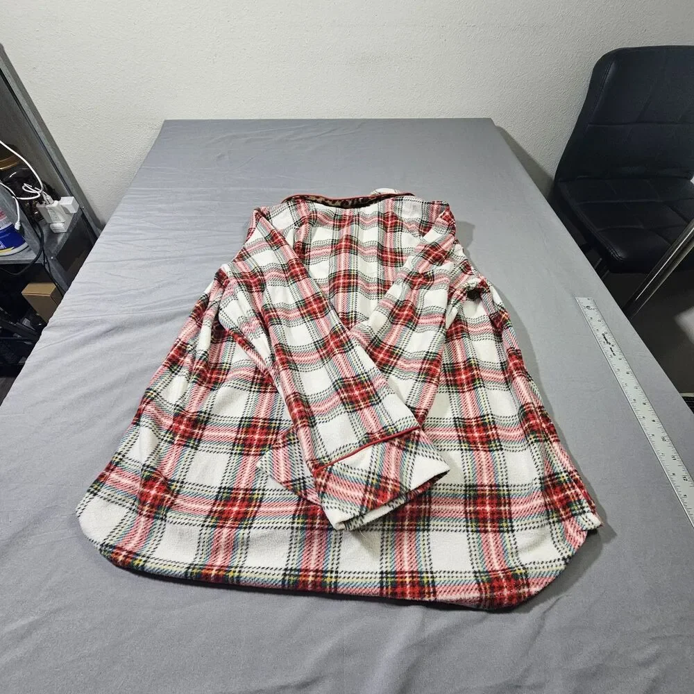 Lauren Ralph Lauren Pajama Top Large L Plaid Fleece Flannel Button Up Crest Red